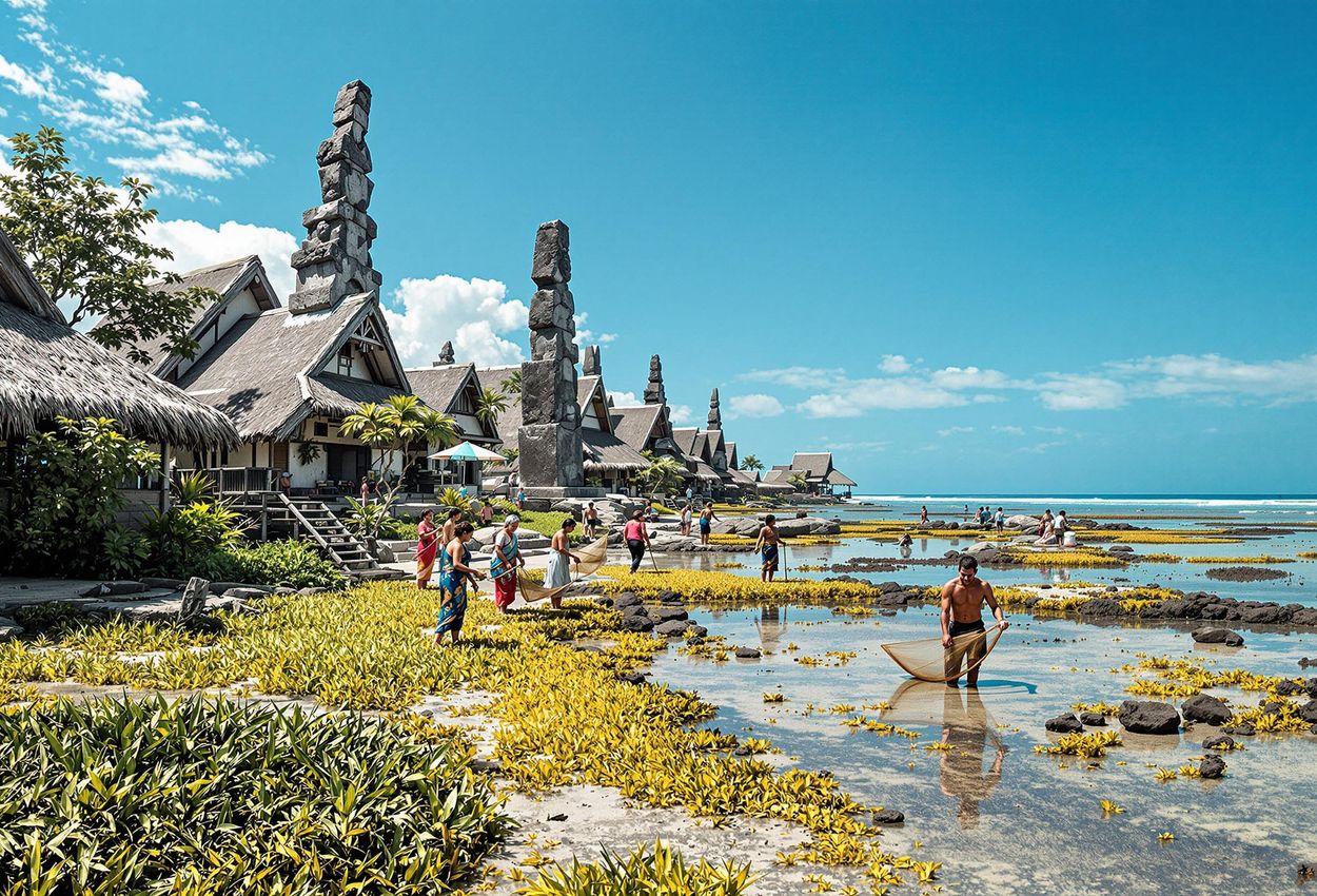 A photograph captures a Sumbanese village in Indonesia at low tide. Villagers are gathering seagrass and crustaceans near pointed-roof houses and megalith monuments, showcasing their connection to the ocean and their unique cultural heritage.