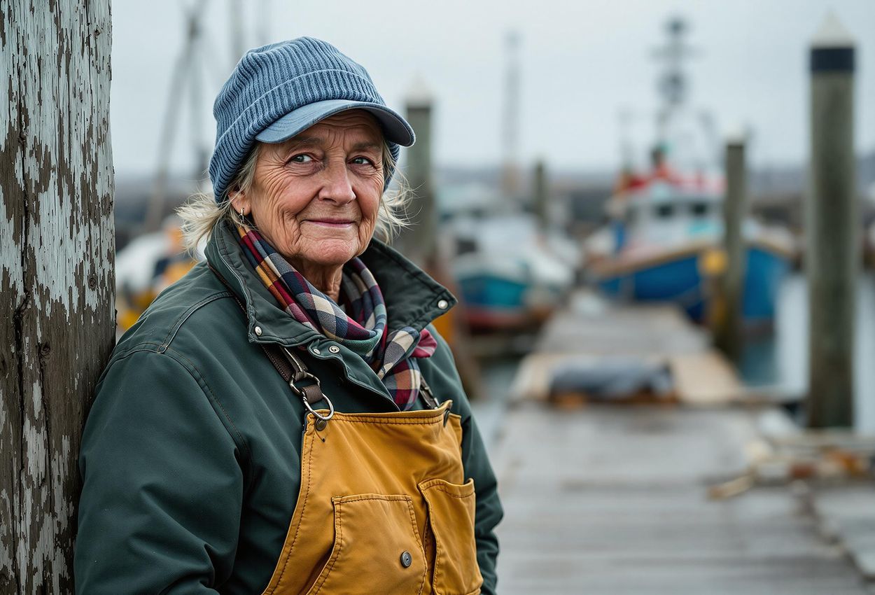 A candid portrait captures a weathered fisherwoman standing on a dock in a New England fishing community, highlighting the resilience and commitment to sustainable fishing.