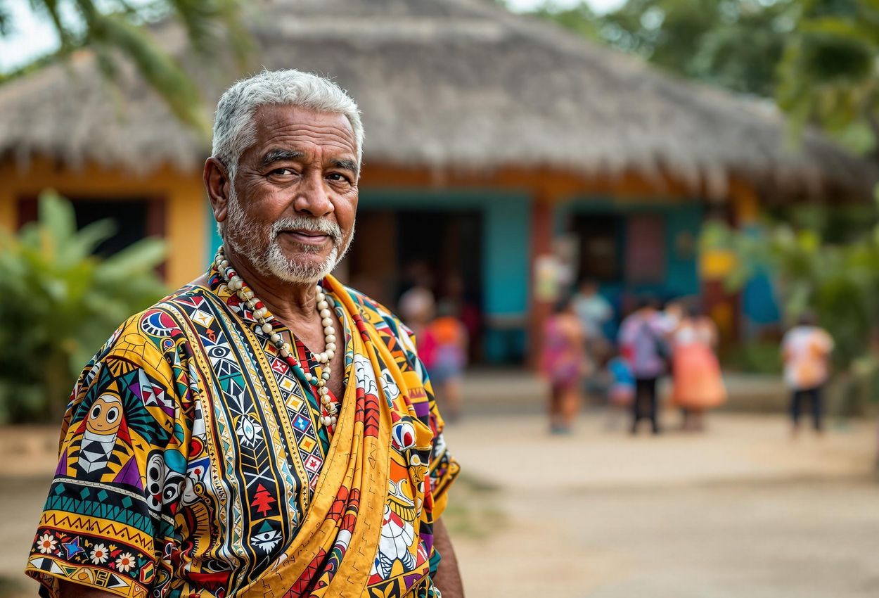 A captivating portrait of Evelio López, a community leader from Gardu Sugdub, Panama, standing in front of the new cultural center in Isber Yala. The image captures the community