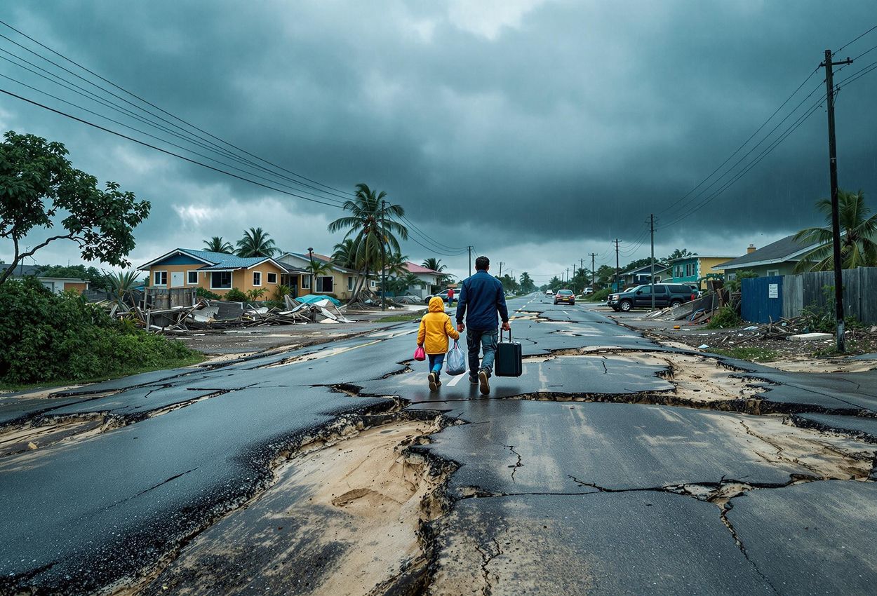 A photograph depicting the devastation caused by Hurricane Maria on a coastal road in Puerto Rico, showing a damaged road, buildings, and a family carrying their belongings amidst the rain.