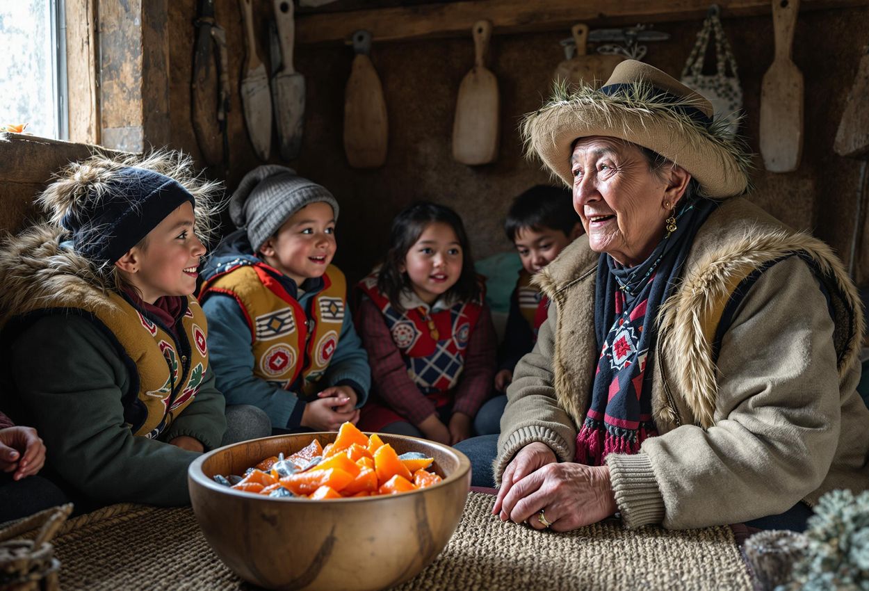 A photograph capturing an intimate moment at the Nuniaq Youth Culture Camp in Old Harbor, Alaska, where Alutiiq elders share their traditional knowledge and stories with the younger generation.