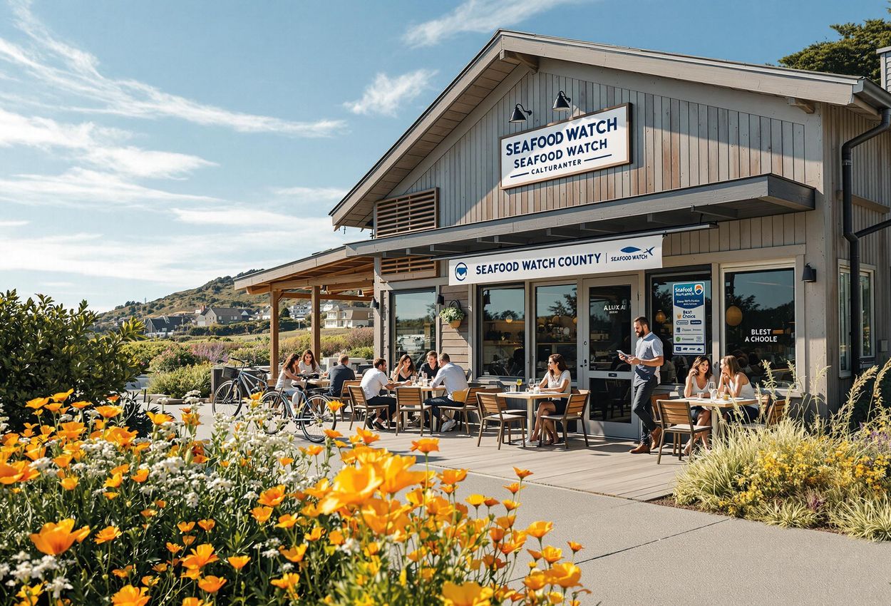 A photograph of a restaurant in Monterey County, California, committed to serving sustainable seafood. The image showcases the restaurant