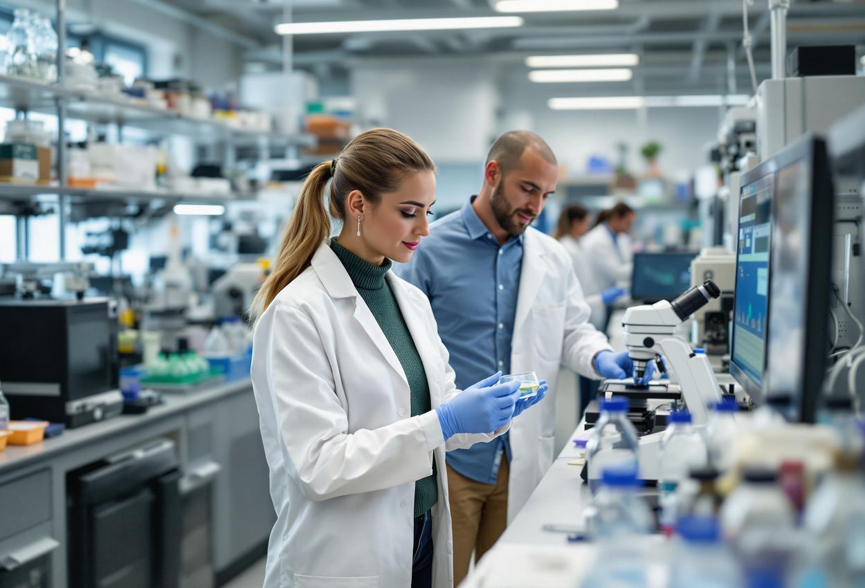 A photograph capturing scientists working in a modern research lab, developing innovative and sustainable solutions for the future of seafood.