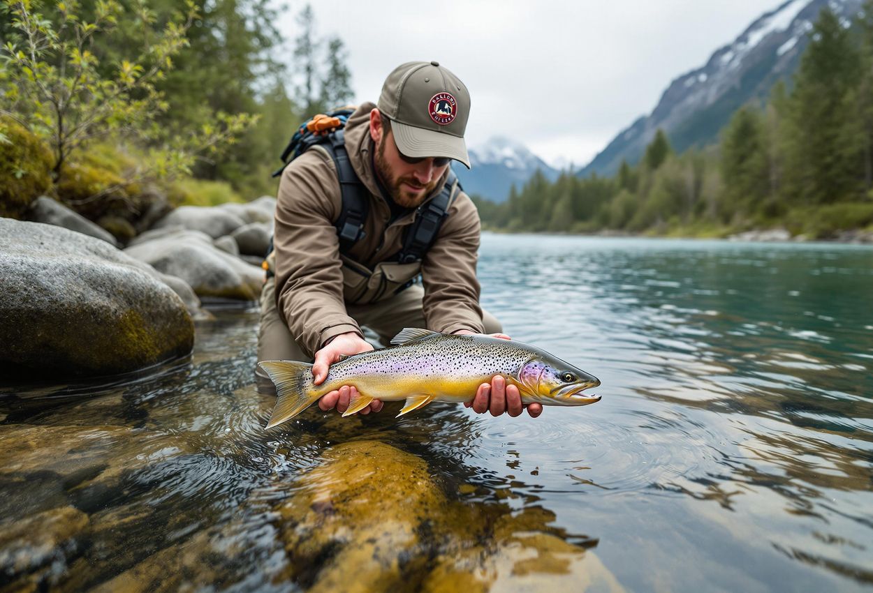 A serene photograph of an angler carefully releasing a trout back into a crystal-clear river in a U.S. National Park, promoting responsible recreational fishing and conservation.