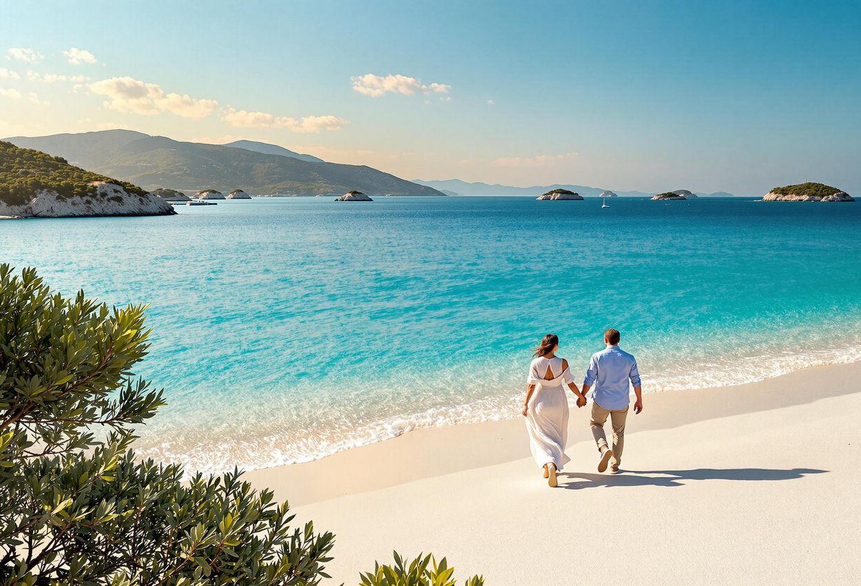 A stunning photograph of Ksamil beach on the Albanian Riviera at sunset. A couple strolls along the white sand as the turquoise waters of the Ionian Sea meet the shore, with small islands dotting the horizon.