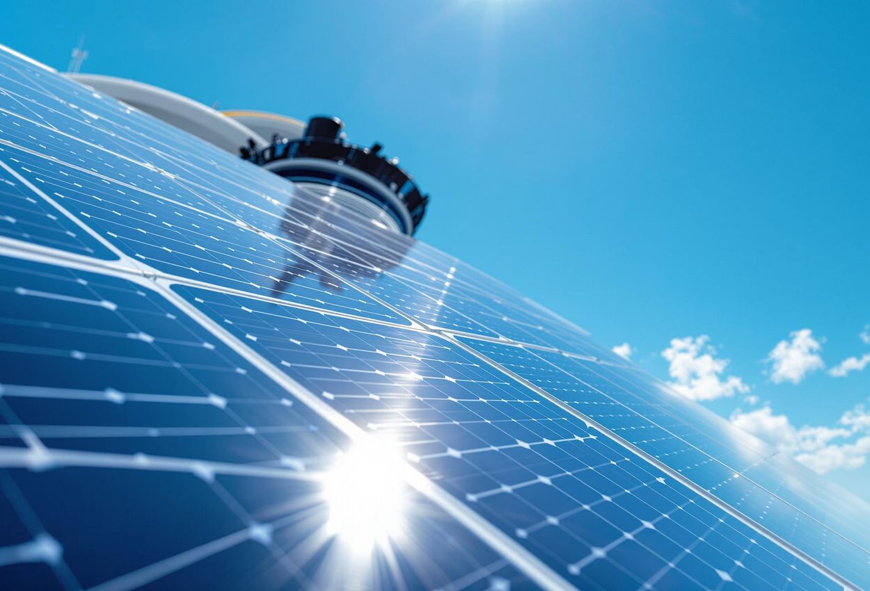 A detailed photograph showcasing the solar panels on a cruise ship, highlighting the use of renewable energy for sustainable travel.