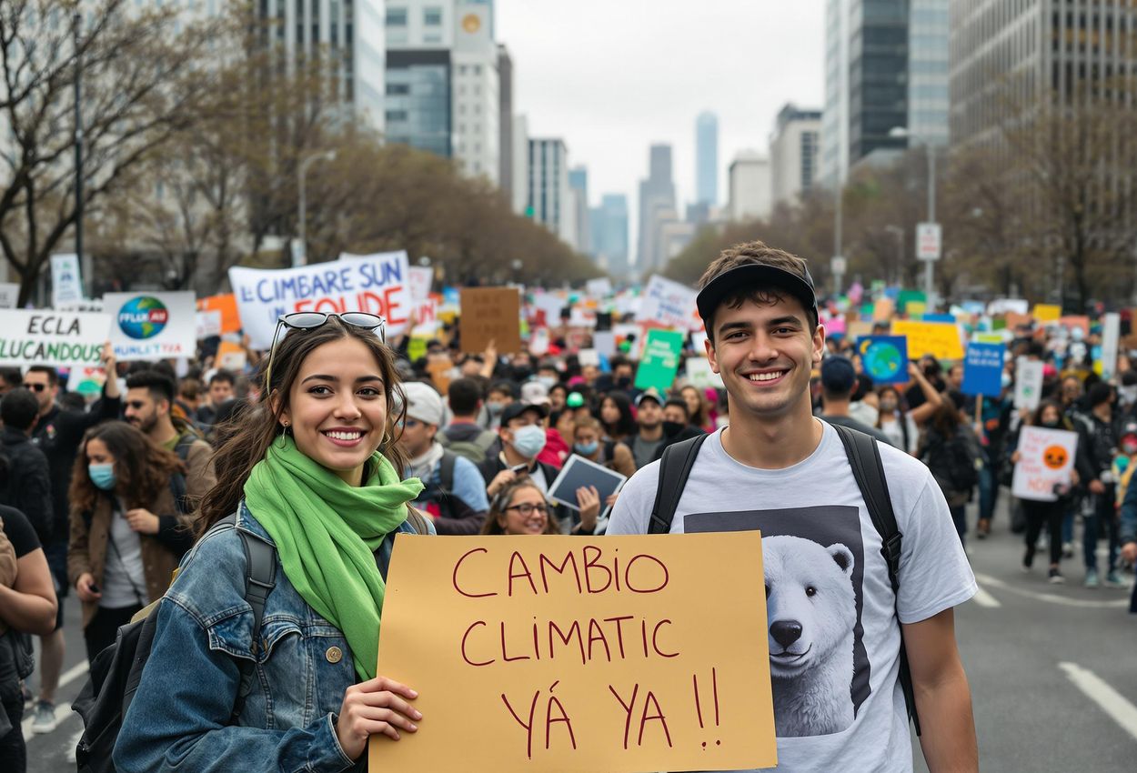 A photograph captures a large and diverse crowd of climate activists marching down a wide avenue in a major city, holding signs in various languages and advocating for climate action.