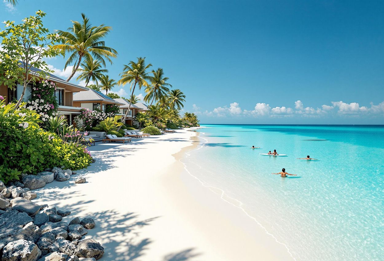 A wide-angle photograph of a luxurious, eco-friendly resort nestled along a pristine coastline in the Maldives. The image showcases the resort