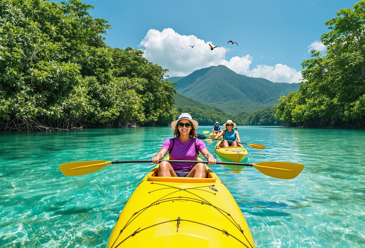 A scenic photograph capturing a kayaking adventure in the Osa Peninsula, Costa Rica, showcasing the lush rainforest, pristine beaches, and incredible biodiversity of the region.