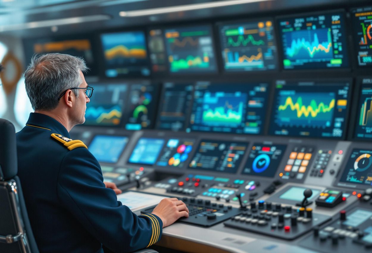 A detailed photograph of engineers in a cruise ship control room, monitoring fuel consumption, emissions, and waste output on April 1, 2025, highlighting the challenges of achieving full sustainability in the cruise industry.