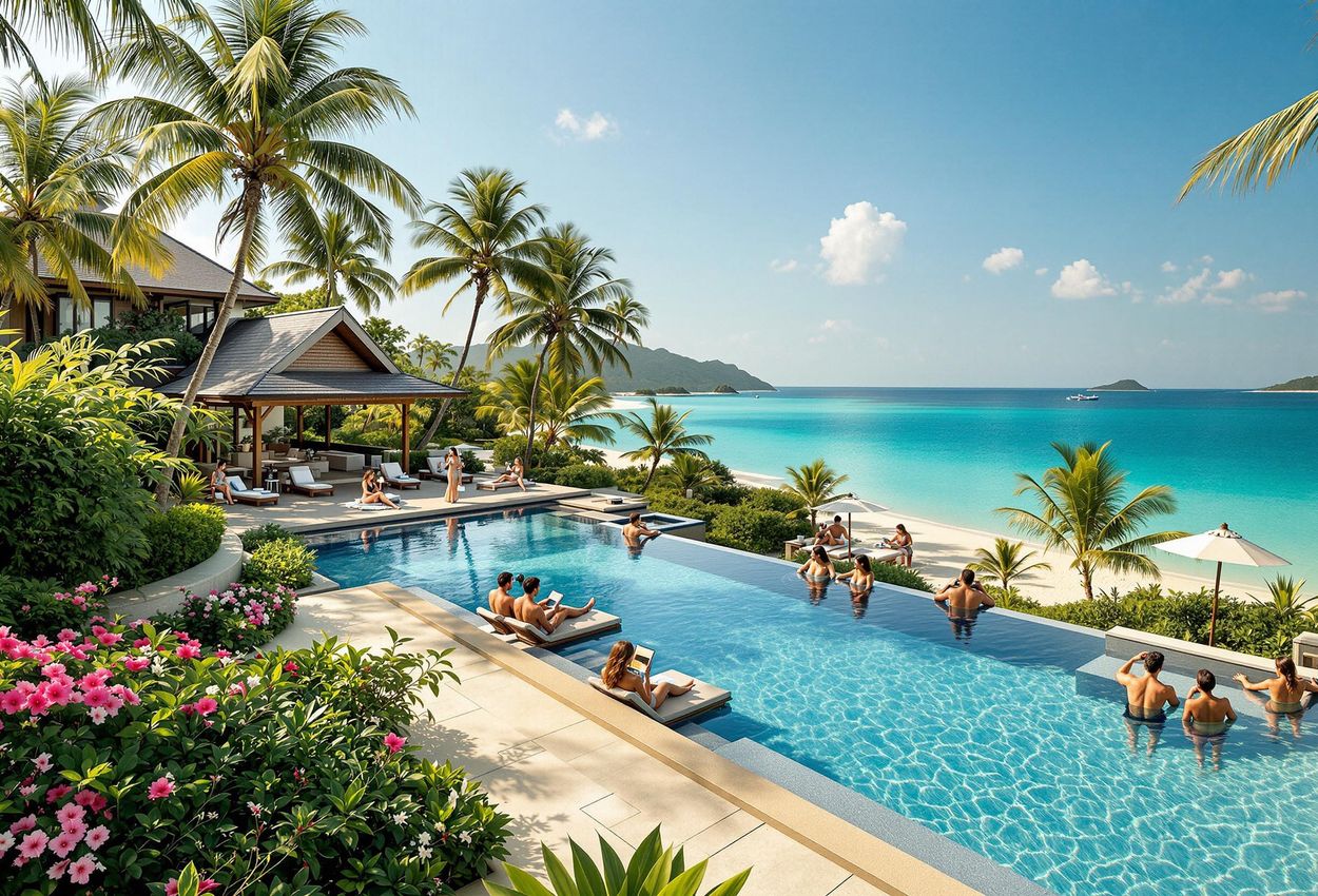 A serene landscape photograph of The Vijitt Resort Phuket, showcasing its eco-friendly design, lush tropical scenery, and tranquil beach during the golden hour.