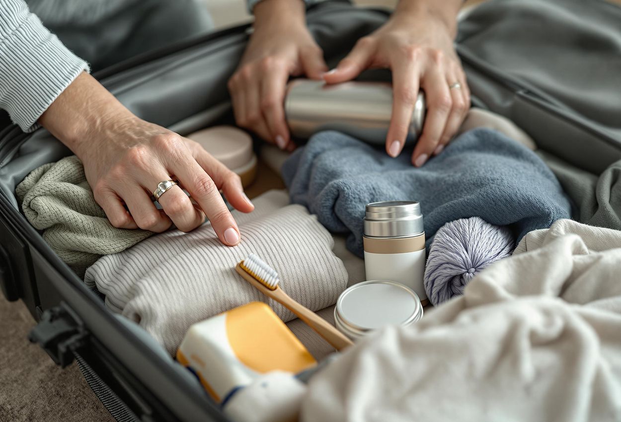 A close-up shot of a traveler packing a suitcase with eco-friendly travel items, including a reusable water bottle, bamboo toothbrush, reef-safe sunscreen, and clothing made from recycled materials.