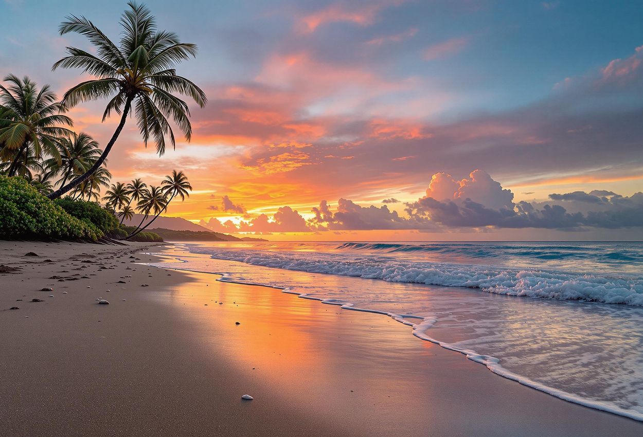 A captivating photograph of Playa San Miguel in Costa Rica at sunset. The golden sands, gentle waves, and vibrant sky create a peaceful and luxurious beach scene.