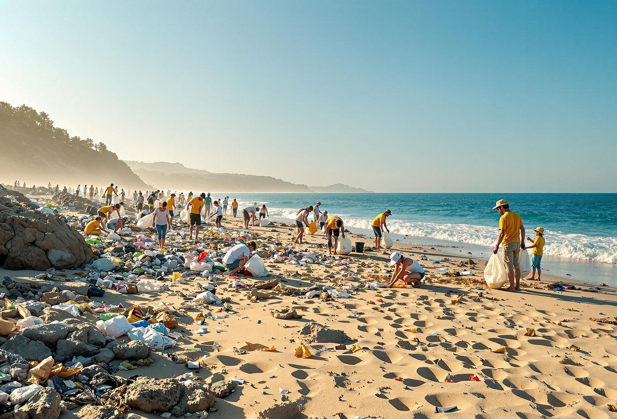 A wide, panoramic photograph of a beach cleanup in progress, featuring volunteers of all ages working together to remove trash and debris from a sandy and rocky beach during golden hour.