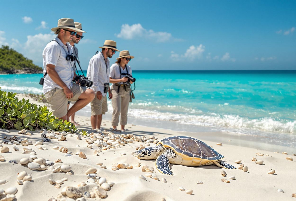 A photograph capturing tourists respectfully observing nesting sea turtles on a clean beach, emphasizing responsible wildlife viewing and the beauty of nature.