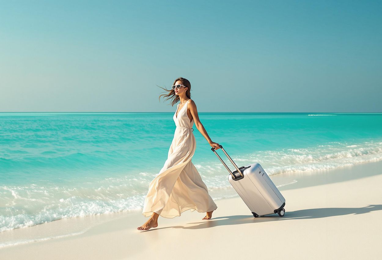 A medium shot captures a woman pulling a modern, eco-friendly suitcase along a white sand beach with turquoise water under a clear sky.