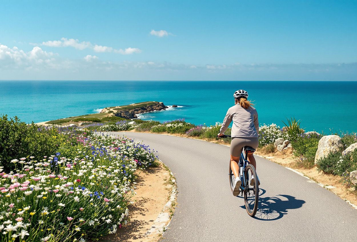 A landscape photograph capturing a traveler cycling along a scenic coastal path, with vibrant wildflowers, a clear blue sky, and the turquoise ocean in the background.