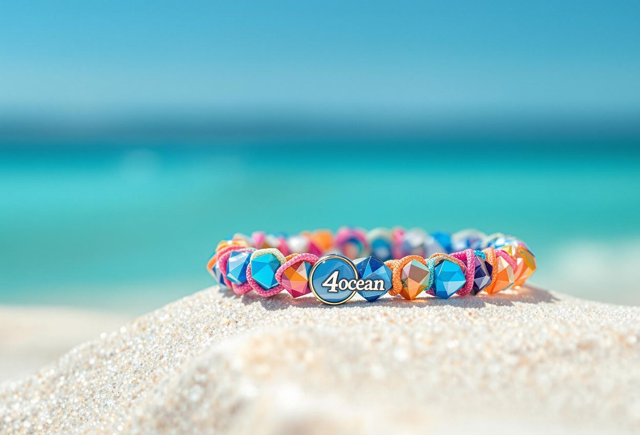 Close-up photo of a 4ocean bracelet made from recycled materials on a clean beach, symbolizing support for ocean conservation.
