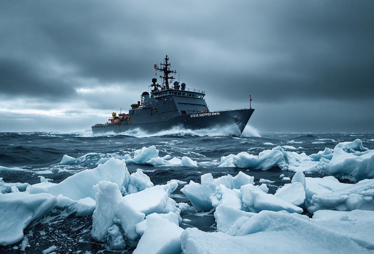 A dramatic photograph of a Sea Shepherd ship navigating the rough, icy waters of the Southern Ocean under a stormy sky. The image captures the ship