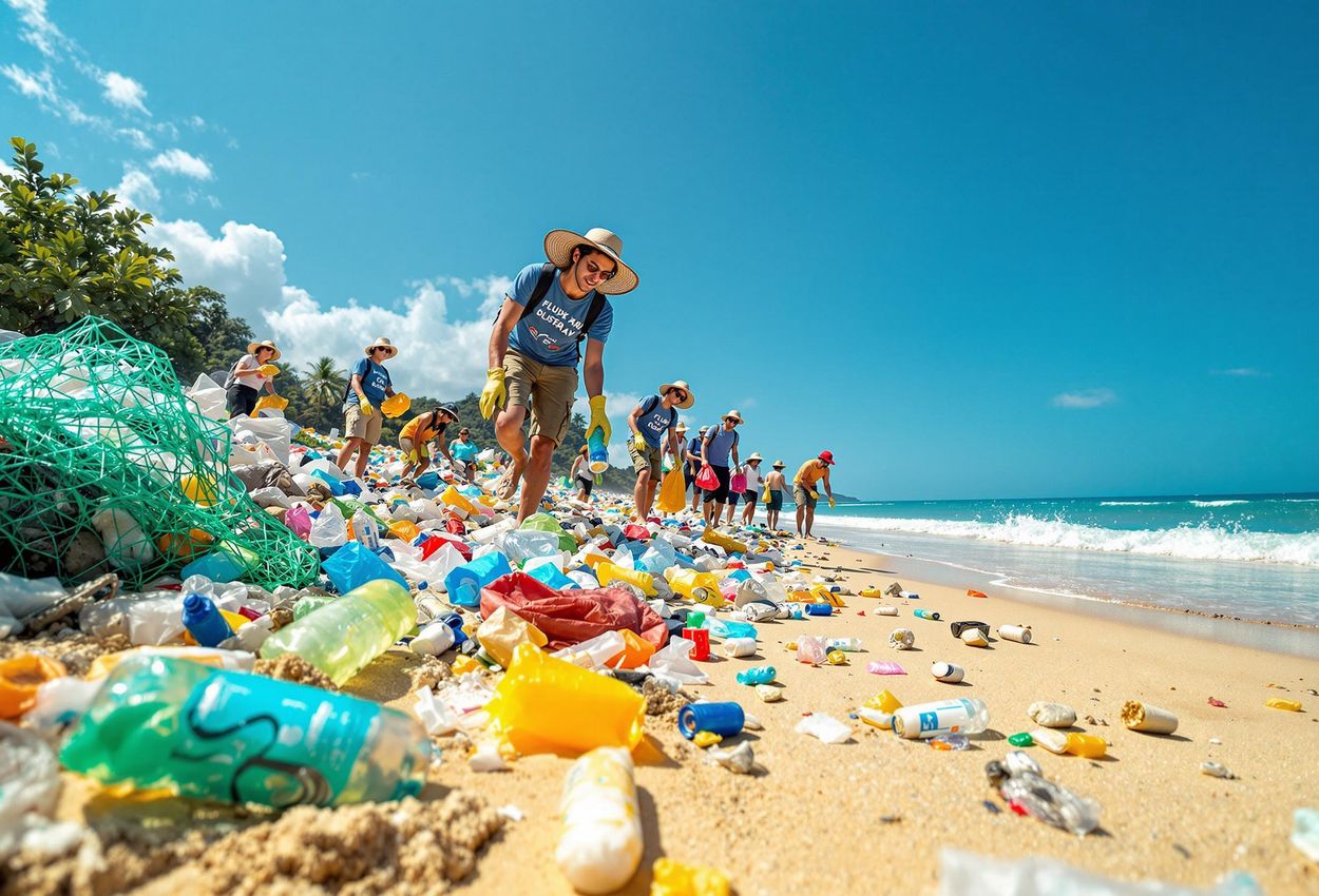A photograph depicting volunteers cleaning up plastic waste on a beach in Bali, Indonesia, on April 1, 2025. The image highlights the urgency of the plastic pollution crisis and the importance of environmental action.