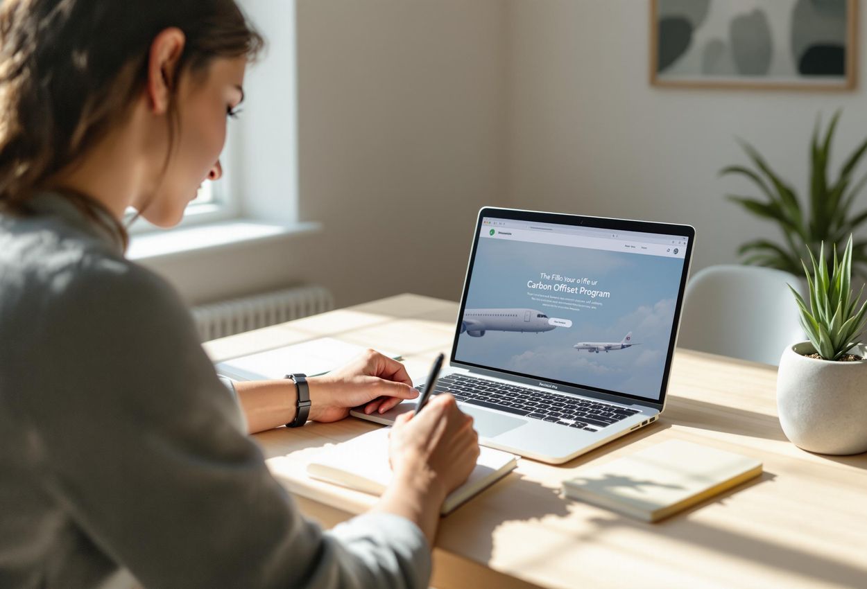 A person thoughtfully plans their sustainable travel itinerary in a bright, minimalist home office, emphasizing pre-flight preparation and carbon offset options.