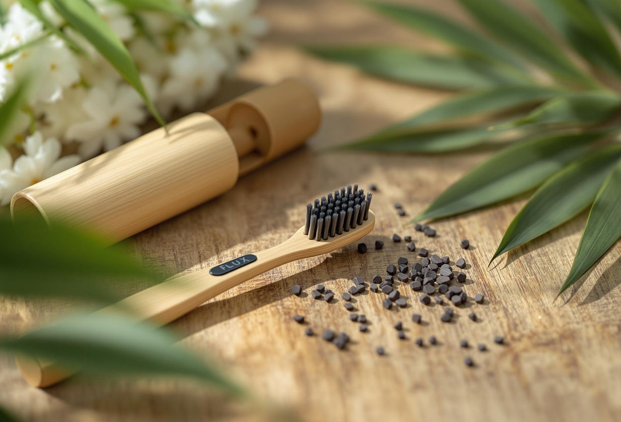 A close-up photograph showcases a bamboo toothbrush with charcoal bristles and a bamboo travel case resting on a wooden surface, highlighting sustainable oral care.