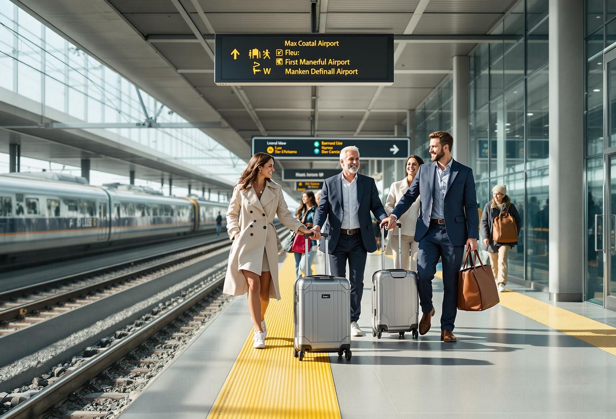 A photograph capturing a diverse group of travelers at a modern train station, utilizing public transportation to reach a coastal airport. The scene emphasizes community, environmental responsibility, and the convenience of green travel options.