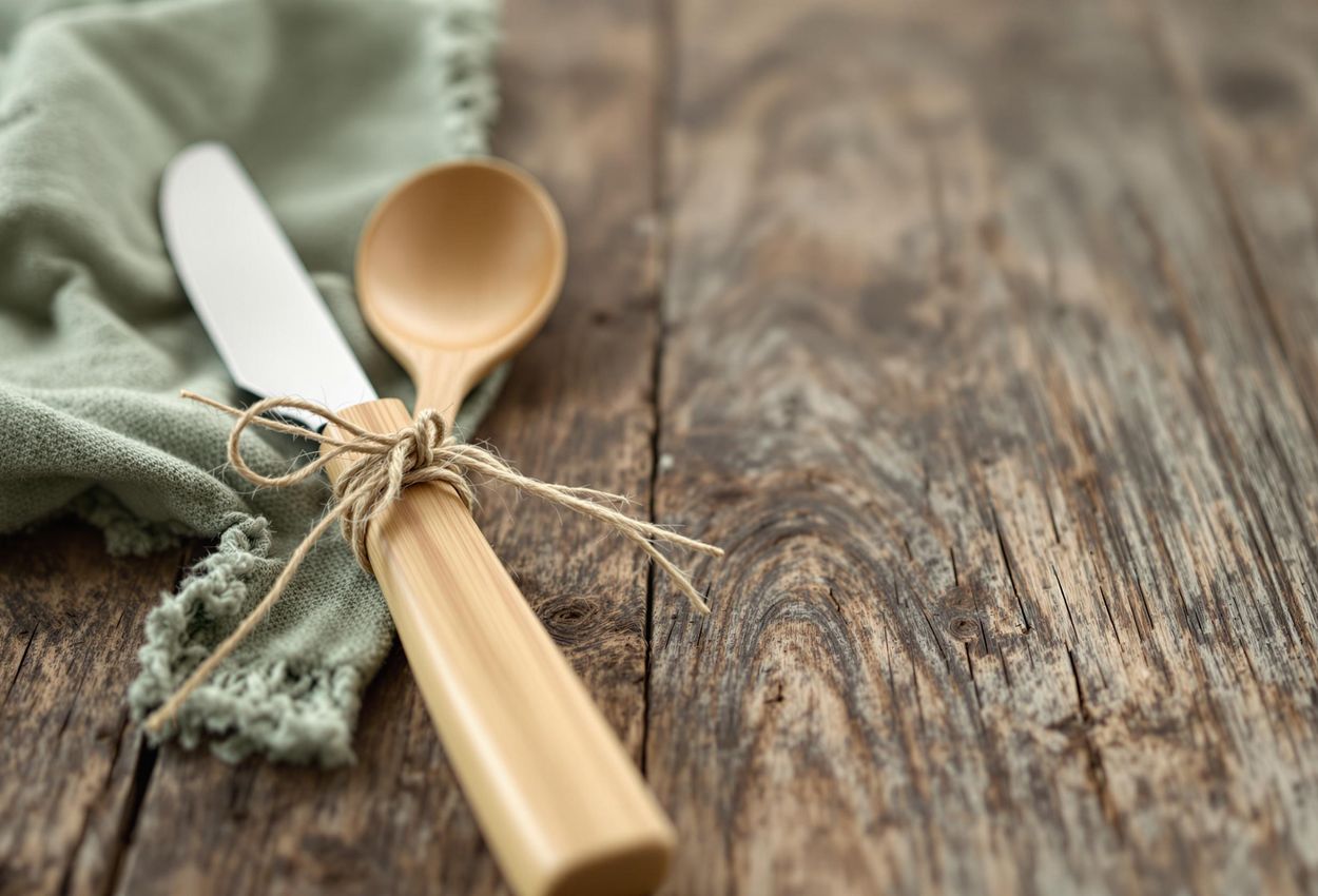 A close-up photograph of reusable bamboo cutlery tied with string and a stainless steel straw resting on a rustic wooden table, showcasing sustainable lifestyle choices.