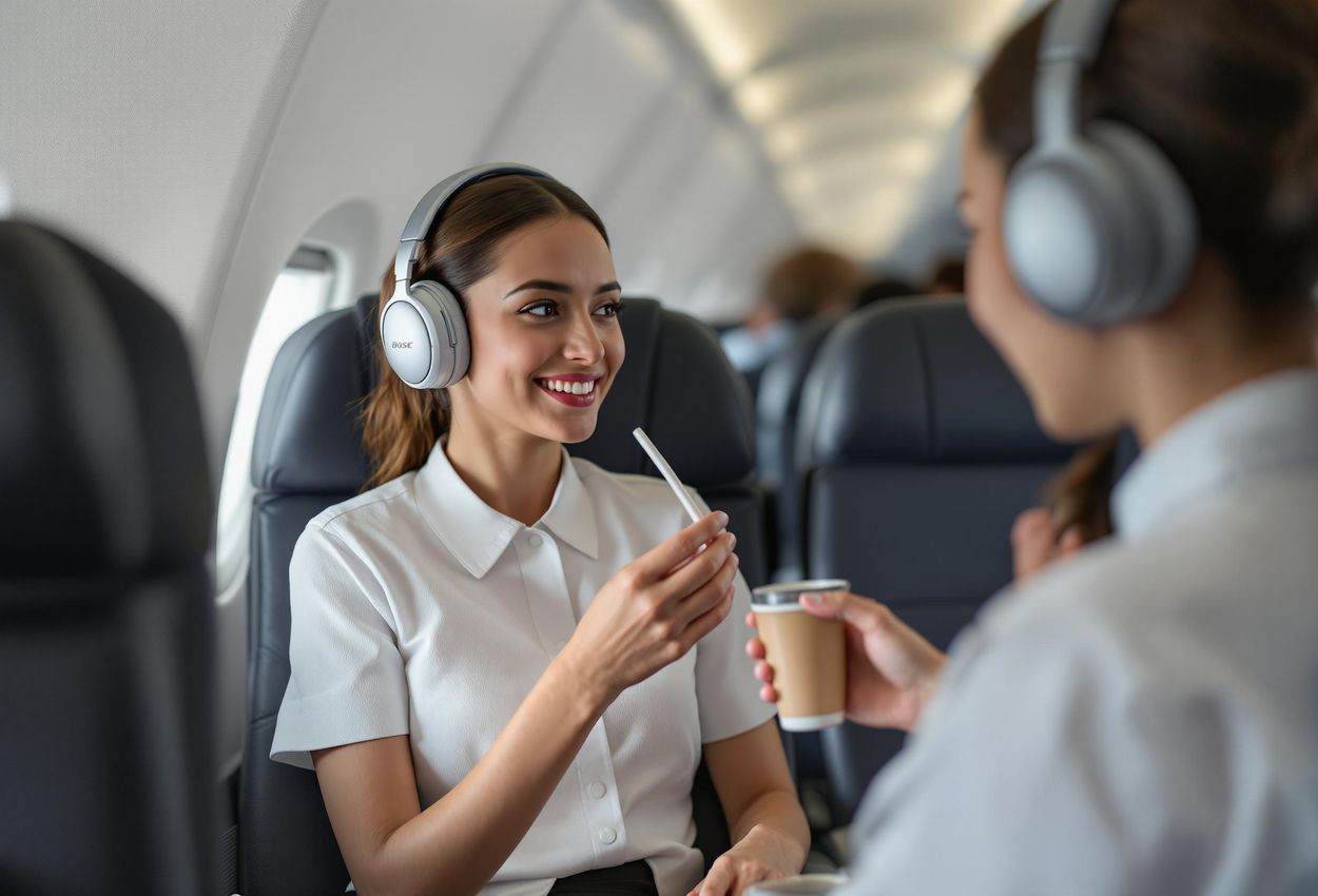 A photograph capturing a passenger politely declining a plastic straw on an airplane, highlighting sustainable travel and environmental responsibility.