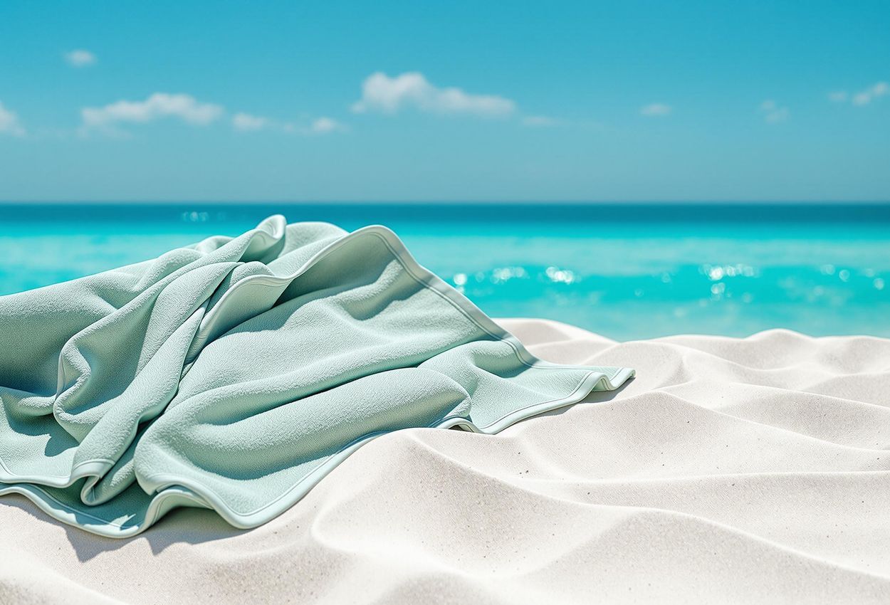 A neatly folded travel towel rests on a pristine white sand beach with turquoise water, showcasing a sustainable and luxurious travel accessory.