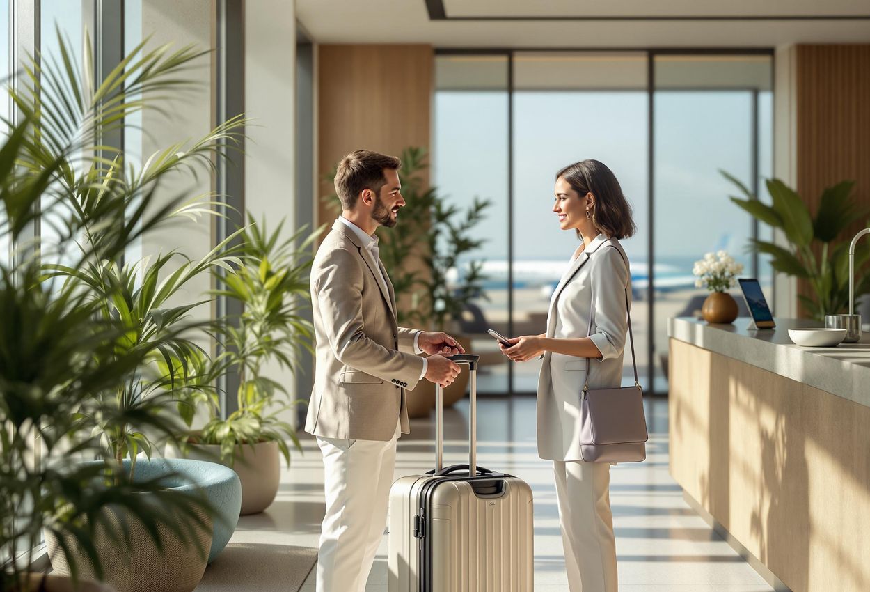 A traveler is greeted at the reception of an eco-friendly hotel near a coastal airport. The hotel lobby features sustainable design elements and a friendly employee explaining the hotel