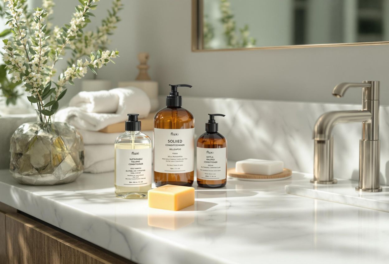 A close-up photograph of solid toiletries and refillable bottles on a bathroom counter, showcasing sustainable bathroom products.