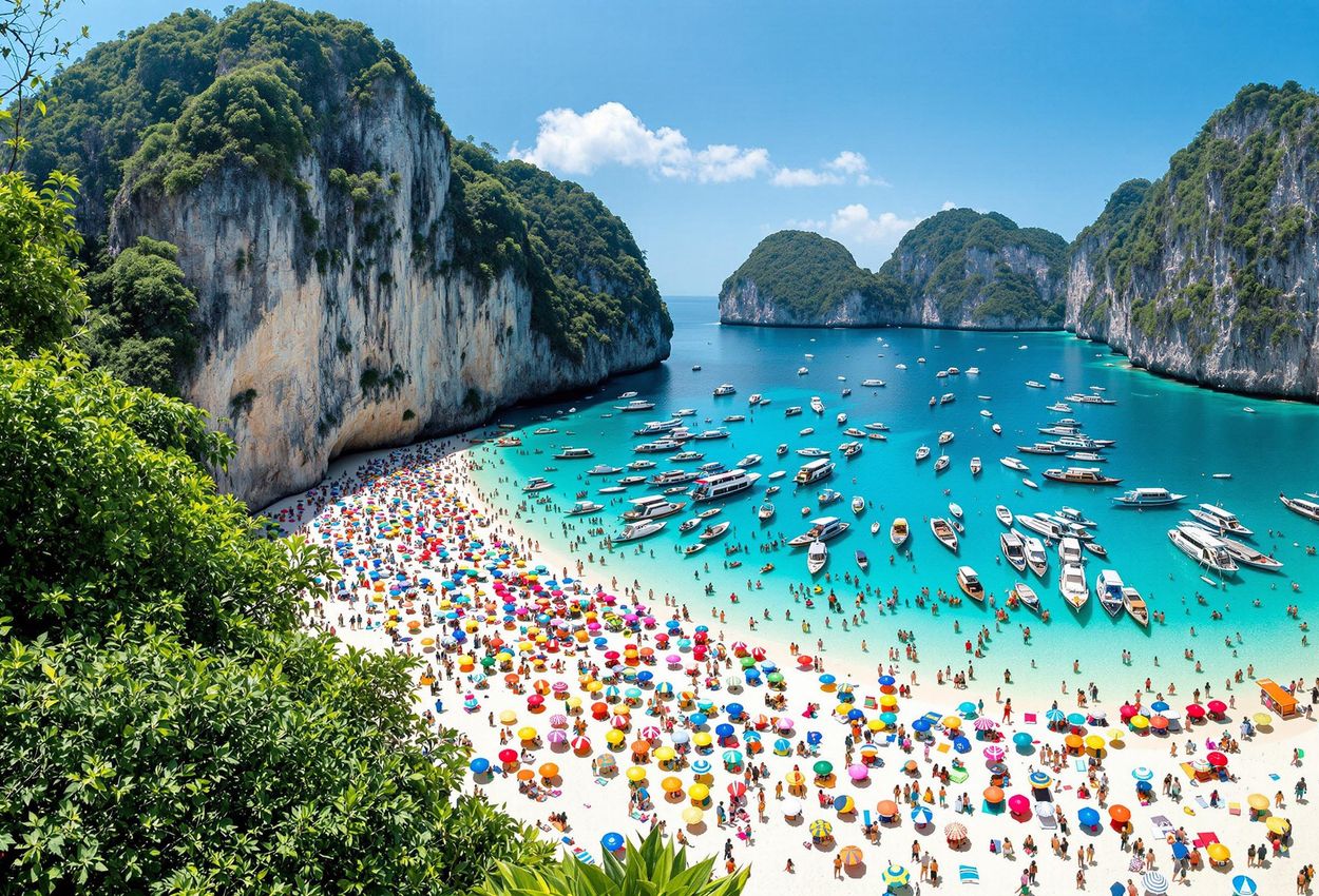 A panoramic photograph capturing the overcrowded Maya Bay in Thailand, illustrating the environmental consequences of mass tourism with a beach full of people and boats.