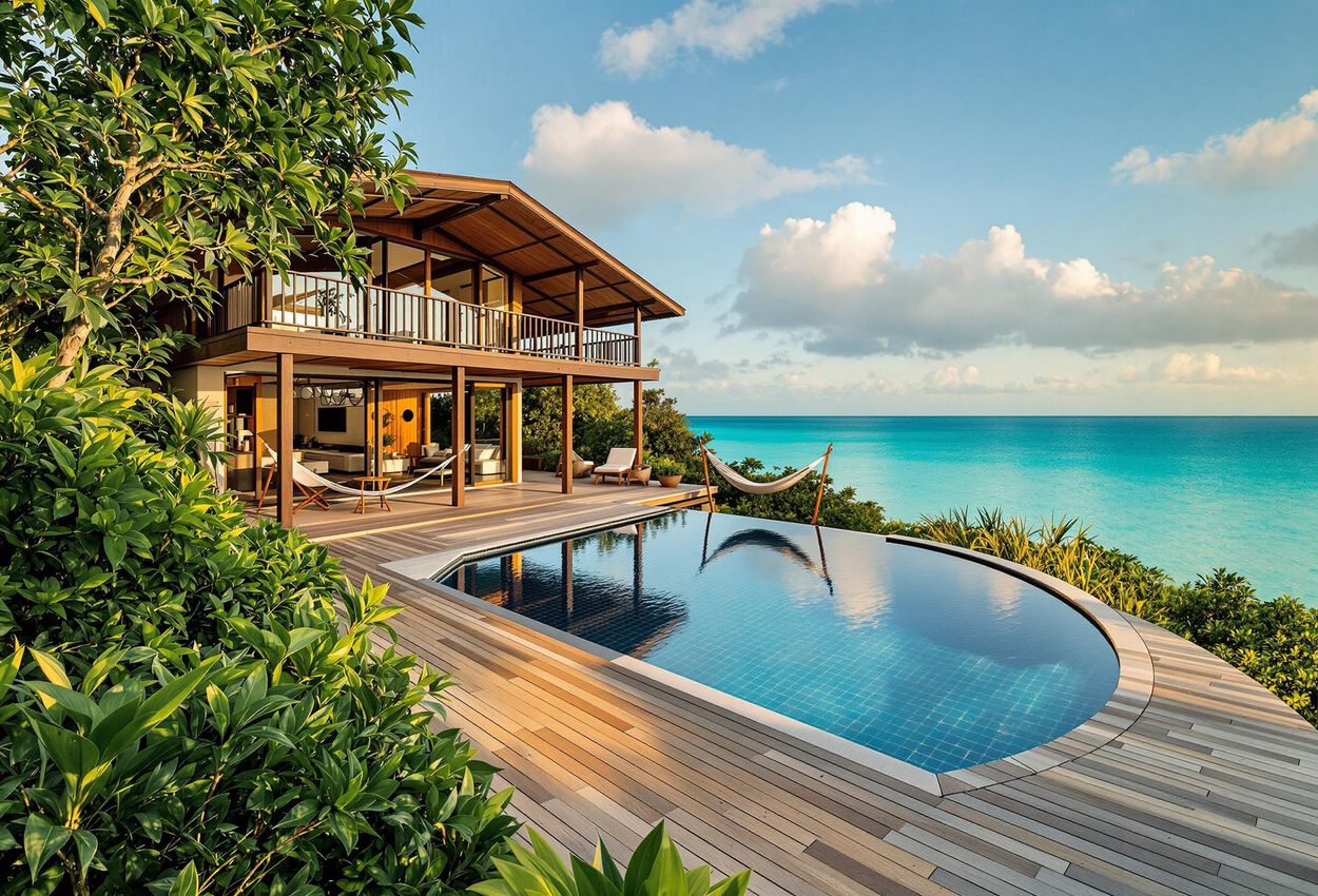 Exterior view of a serene villa at Song Saa Private Island in Cambodia, showcasing sustainable design, a private plunge pool, and stunning ocean views.