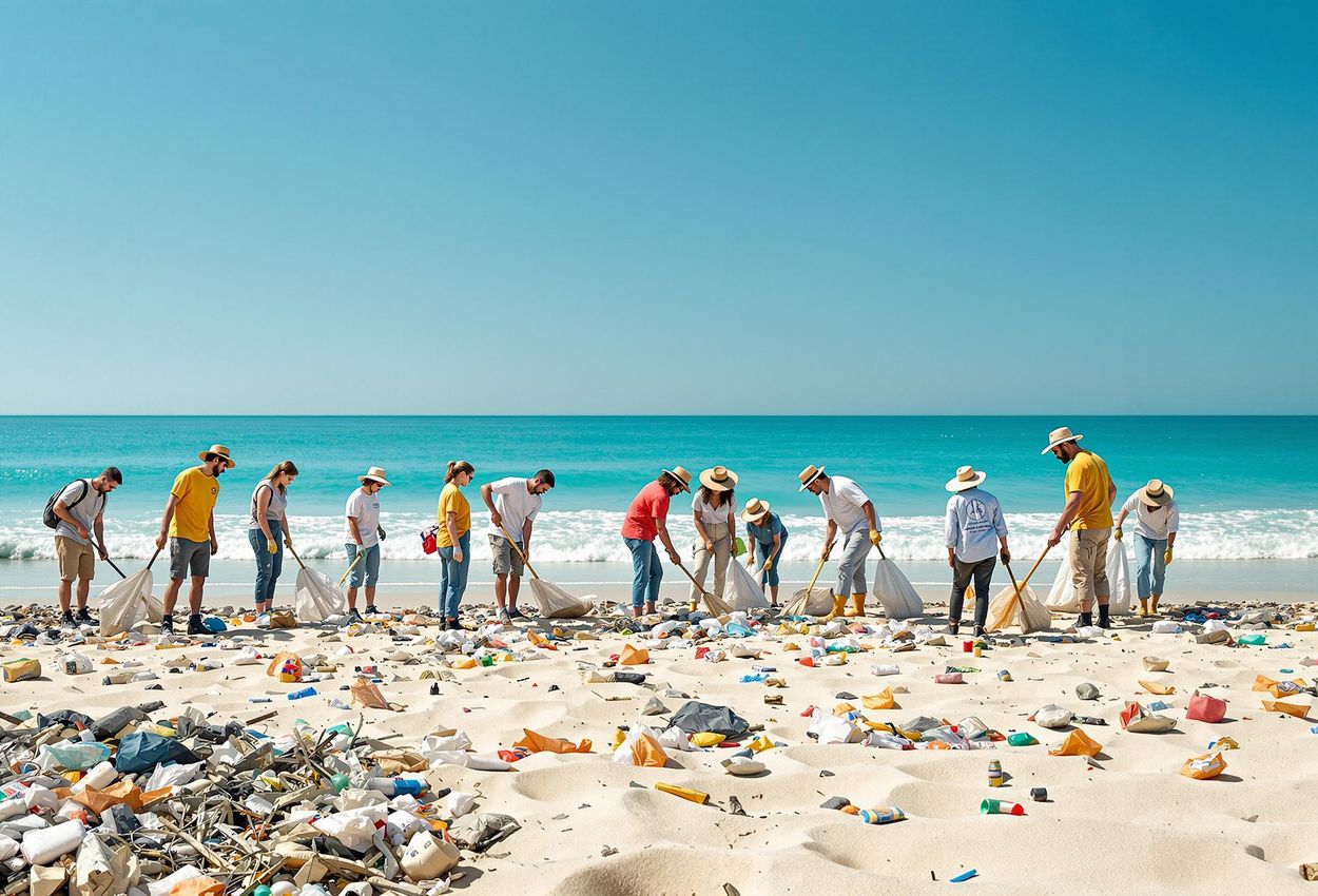 A wide-angle photograph captures a group of volunteers diligently cleaning a beach, highlighting efforts to preserve coastal environments. The image showcases the beauty of the beach and the importance of community involvement in environmental stewardship.
