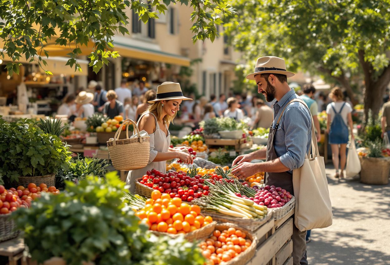 A photograph captures a lively farmers