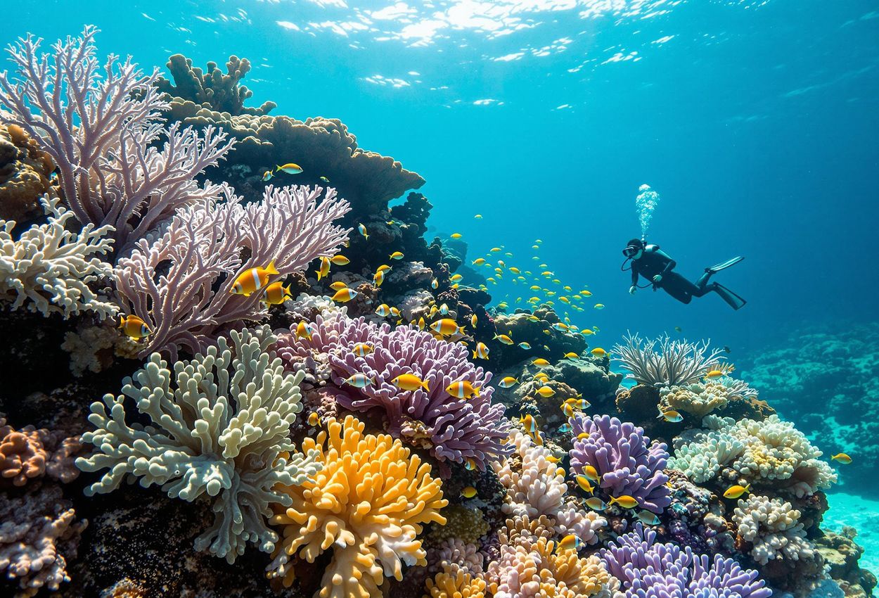 An underwater photograph showcasing the vibrant coral reef restoration efforts at Song Saa, Cambodia, teeming with colorful marine life and crystal-clear waters.
