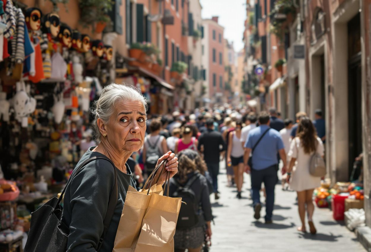 A photograph depicting a narrow, crowded street in Venice, Italy, filled with tourists and souvenir shops. A local resident appears frustrated while navigating the throng, highlighting the impact of tourism on local life.