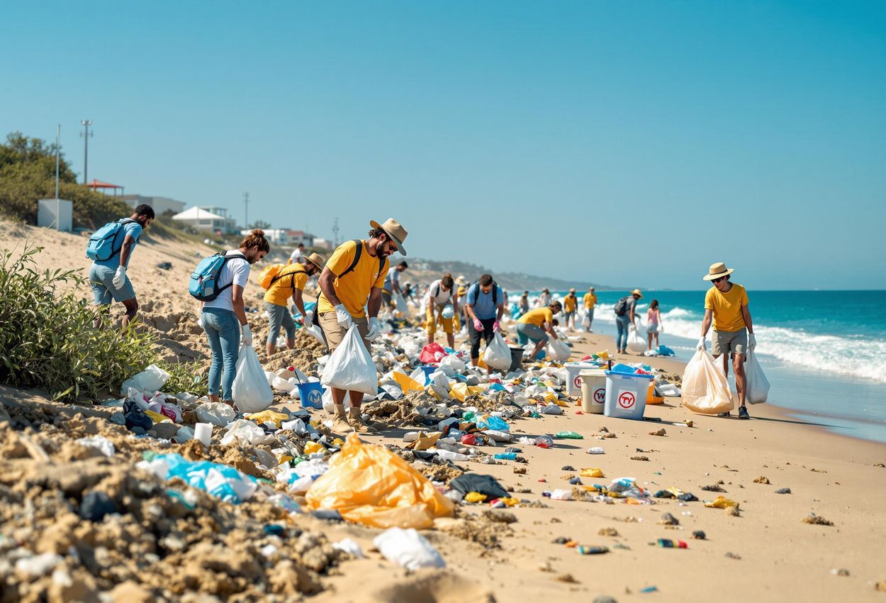 A photograph capturing a group of volunteers diligently cleaning up a beach, emphasizing community involvement and environmental protection.