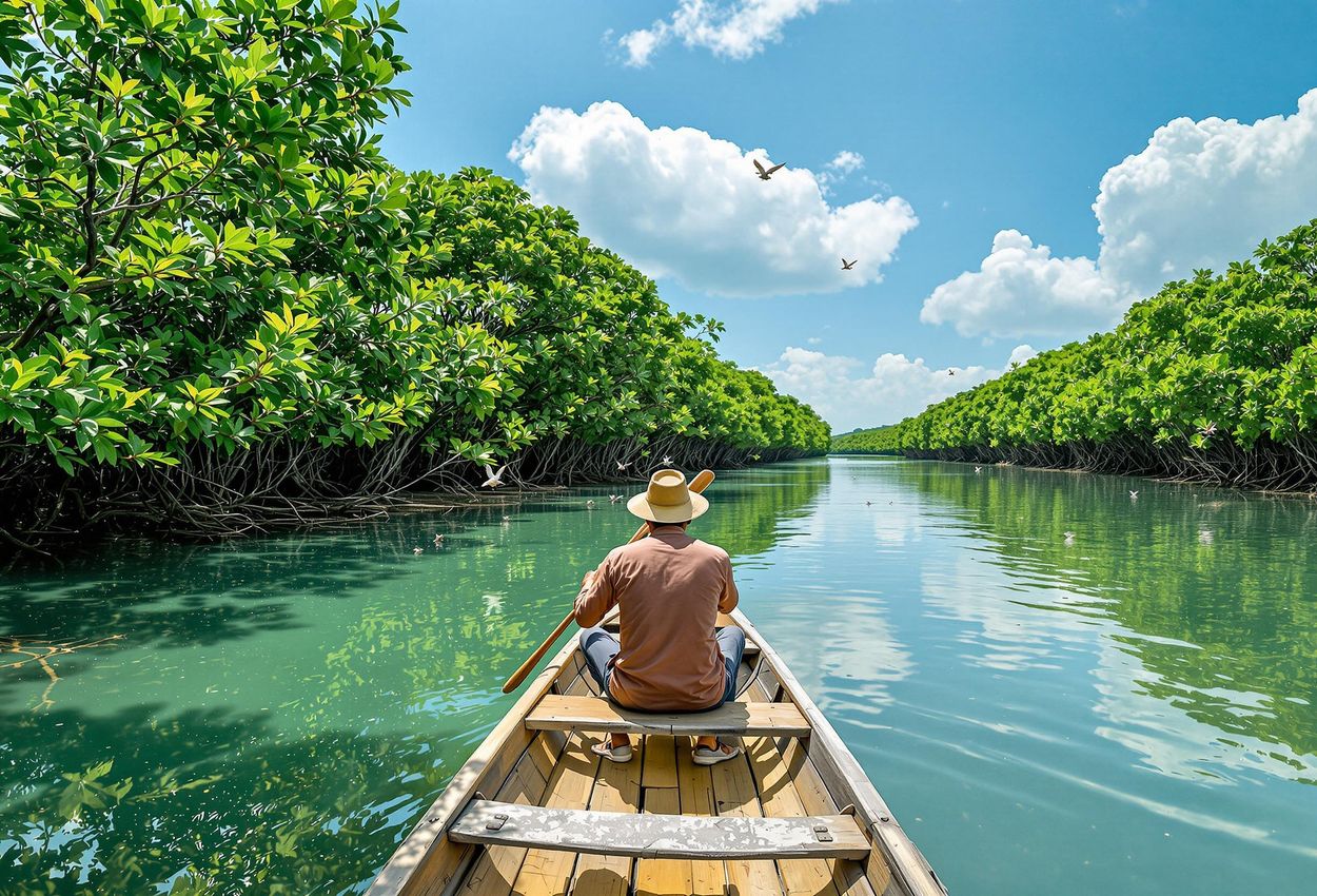 A photograph showcasing the mangrove reforestation efforts at Song Saa, Cambodia, capturing the beauty and importance of this vital coastal ecosystem with lush mangrove forests and local fisherman.