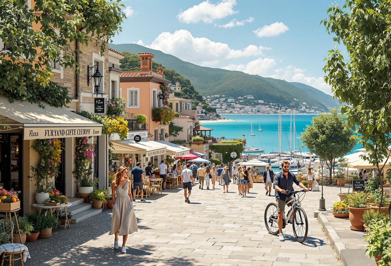 A photograph capturing a pedestrian-friendly coastal town with local shops and restaurants, promoting sustainable tourism through cycling, walking, and community integration.