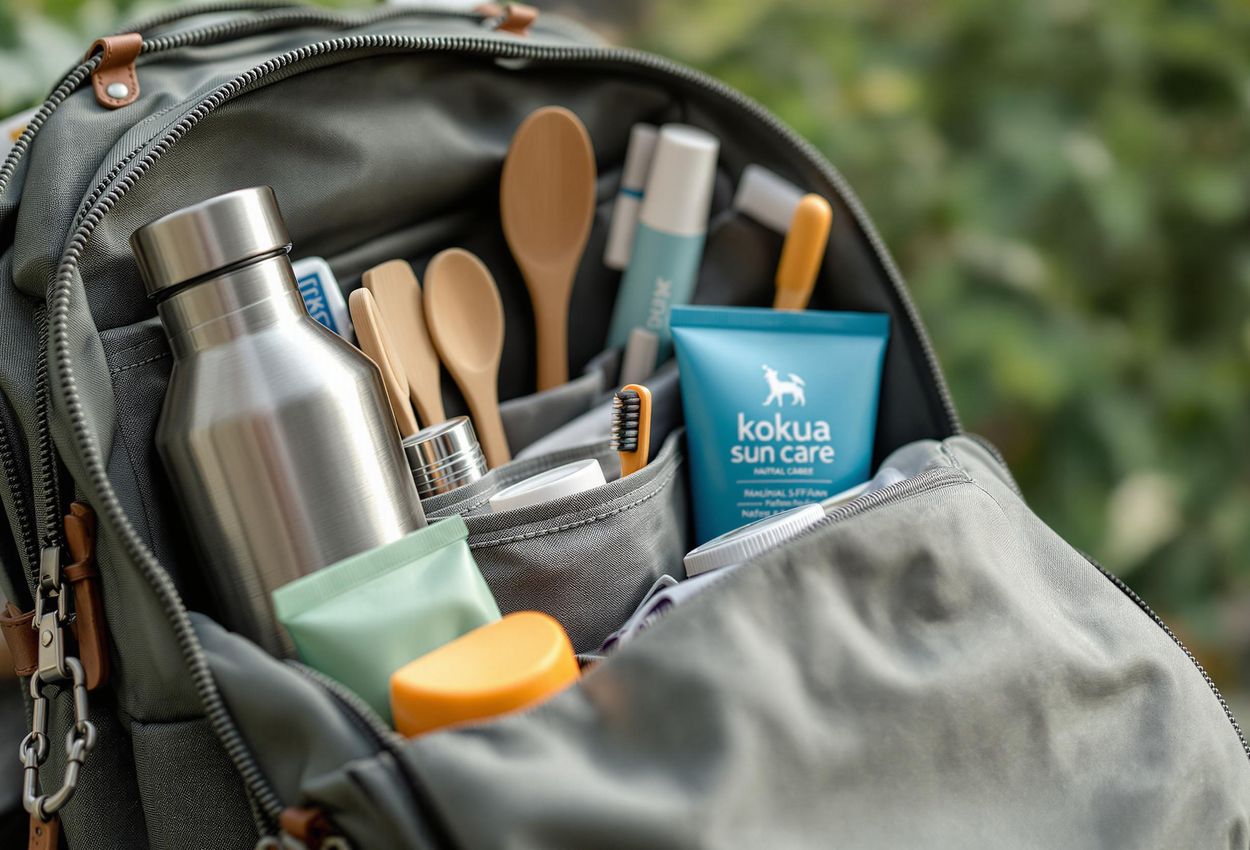 A detailed photograph showcases a travel backpack packed with reusable water bottle, shopping bags, utensils, reef-safe sunscreen, and bamboo toothbrush, emphasizing sustainable travel.