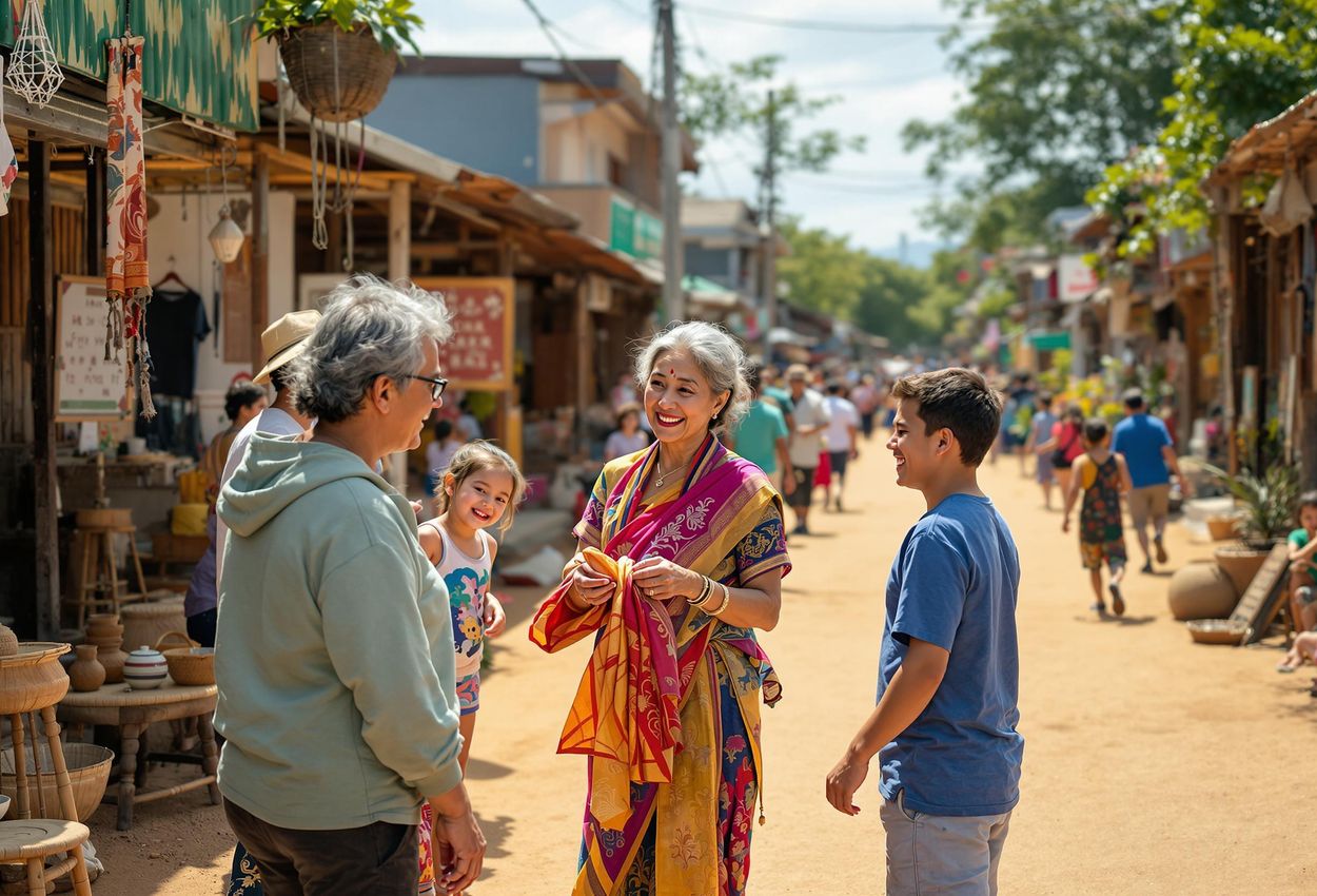 A photograph capturing a candid moment during a village tour in Cambodia, showcasing the authentic interactions between tourists and local community members.