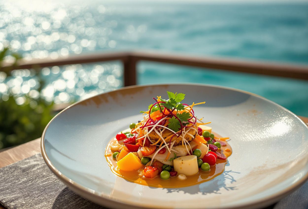 A vibrant food shot of sustainable Khmer cuisine at Vista Overwater Restaurant & Lounge on Song Saa Private Island, showcasing culinary artistry and stunning ocean views.