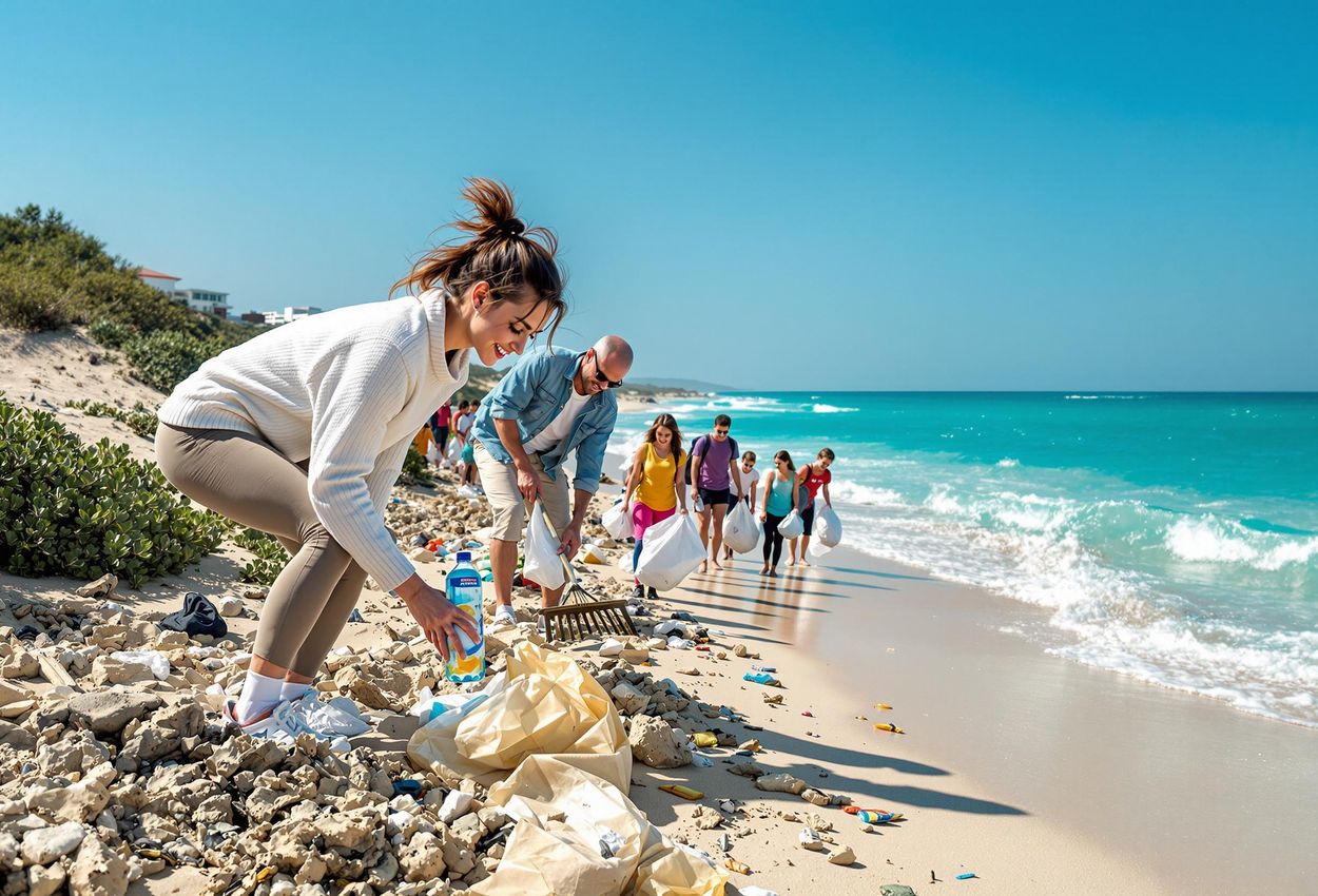 A panoramic photograph of a coastal community participating in a beach cleanup. Volunteers of all ages are picking up trash, with the ocean and a clear blue sky in the background.