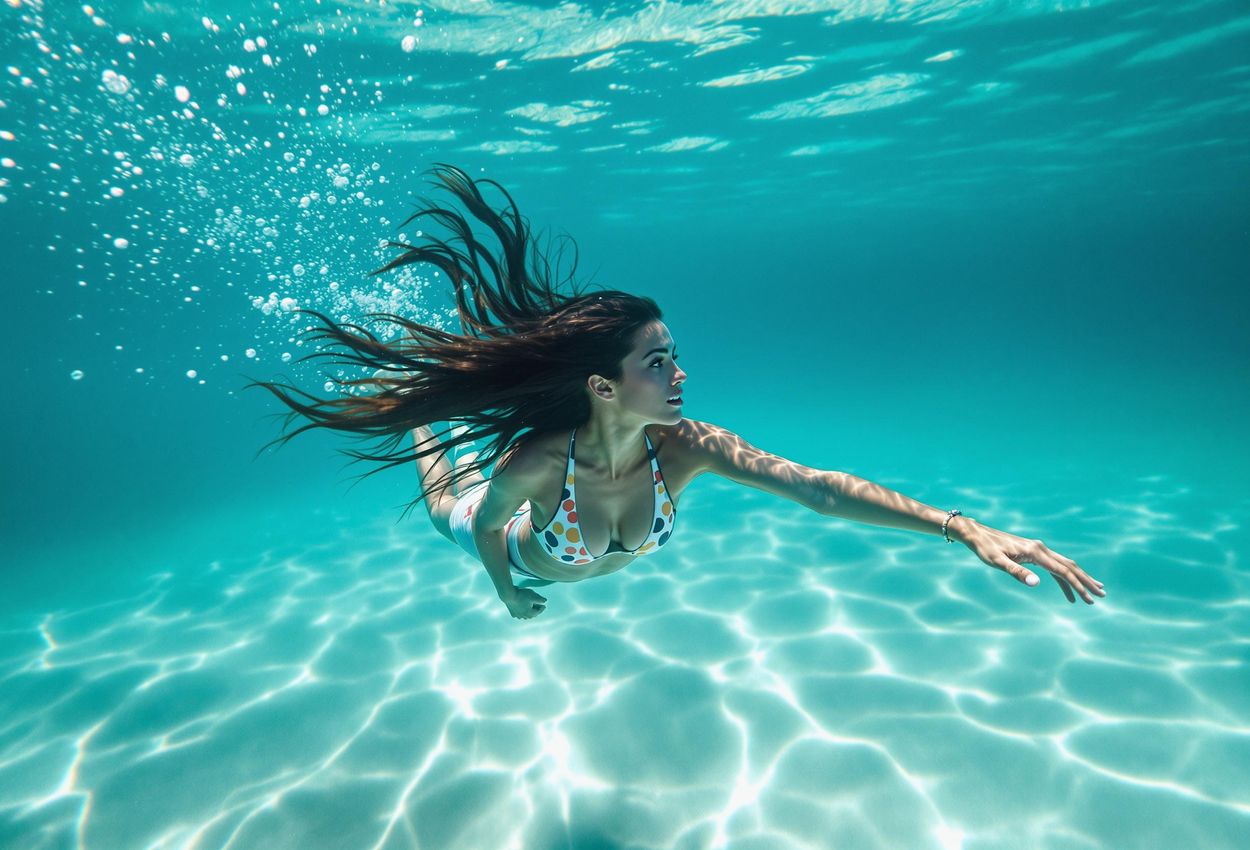 A visually stunning photograph of a freediver gracefully swimming in a clear, turquoise ocean, emphasizing the beauty and tranquility of the underwater world.