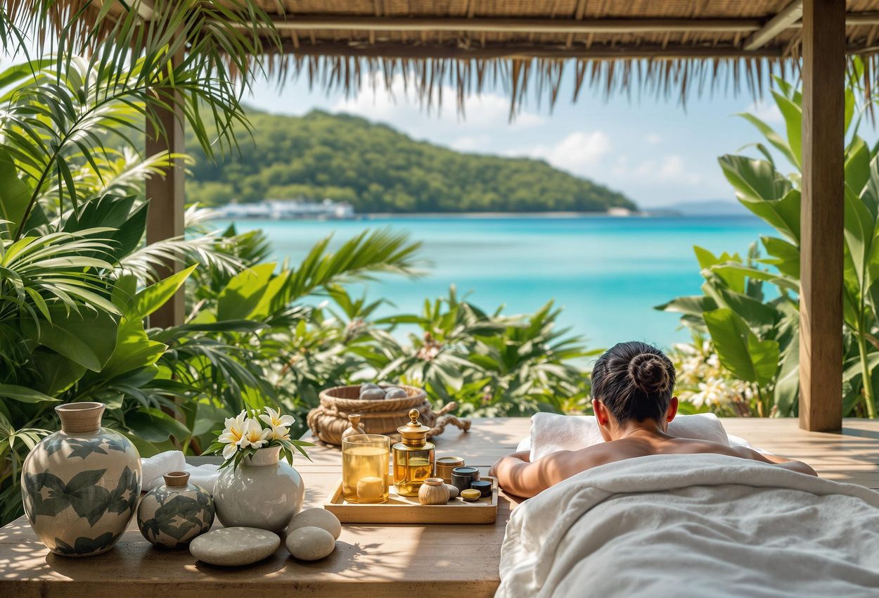 A tranquil spa scene at Song Saa Private Island in Cambodia, featuring a couple enjoying a massage in an open-air treatment room surrounded by lush greenery.