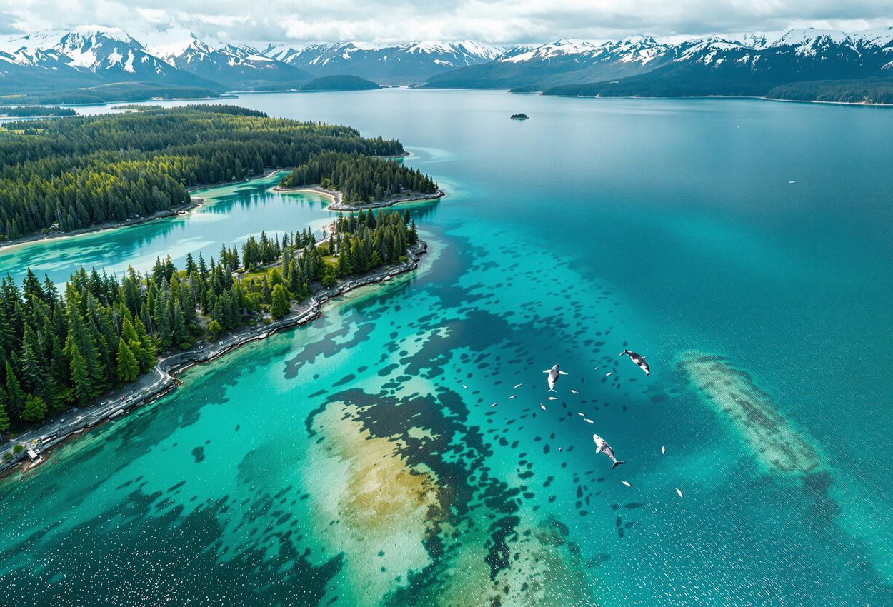 An aerial photograph capturing the breathtaking beauty of the Great Bear Sea in British Columbia, showcasing its pristine waters, lush islands, and diverse marine life.
