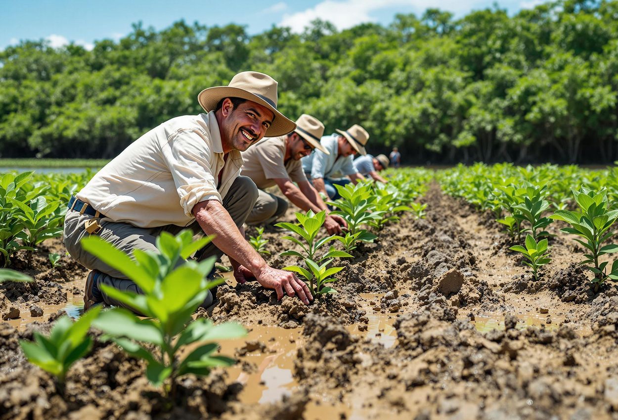 A photograph capturing the collaborative spirit of local community members replanting mangrove seedlings in the Gulf of Nicoya, Costa Rica, showcasing their dedication to restoring the mangrove ecosystem.