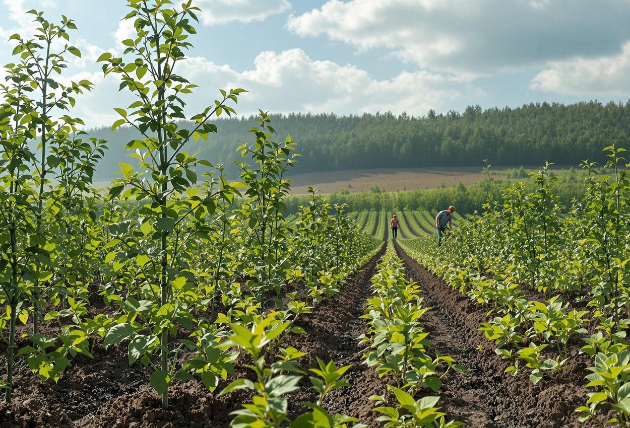 A photograph of volunteers planting trees in a reforestation project, highlighting the importance of carbon offsetting and environmental conservation.
